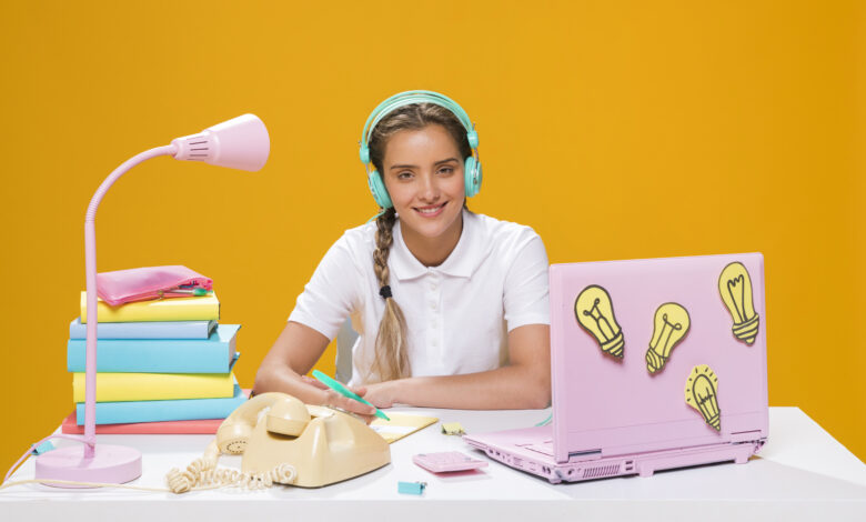 schoolgirl desk with laptop memphis style WingsMyPost