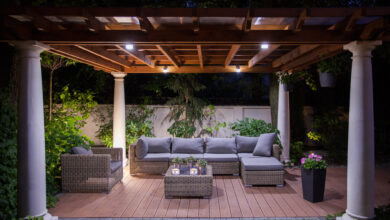Patio or deck relaxing area outside of mansion at night WingsMyPost