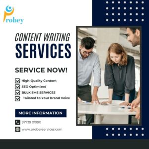 An infographic by Probey Services highlighting their professional content writing services in Noida, featuring benefits like SEO optimization, engaging content creation, and expert writers