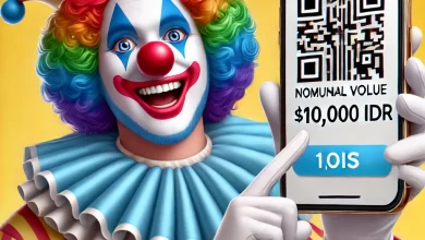 DALL·E 2024 06 24 14.00.19 A realistic illustration of a clown holding a smartphone with a square QRIS barcode displayed on the screen. The QRIS barcode has a nominal value of 1 WingsMyPost