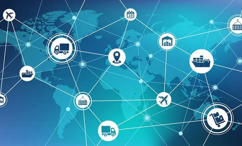 Global supply chain network illustrating interconnected logistics and transportation icons on a world map background.