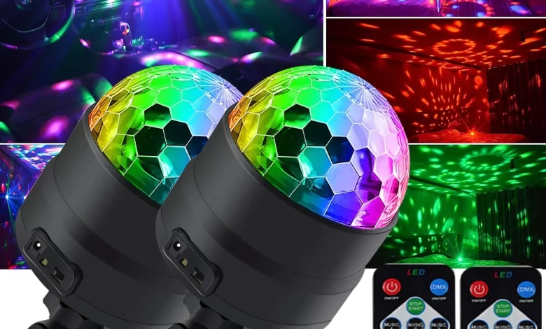 A vibrant display of LED mini ball stage lights in various colors, illuminating a dance floor during a lively party, with guests dancing and enjoying the atmosphere.